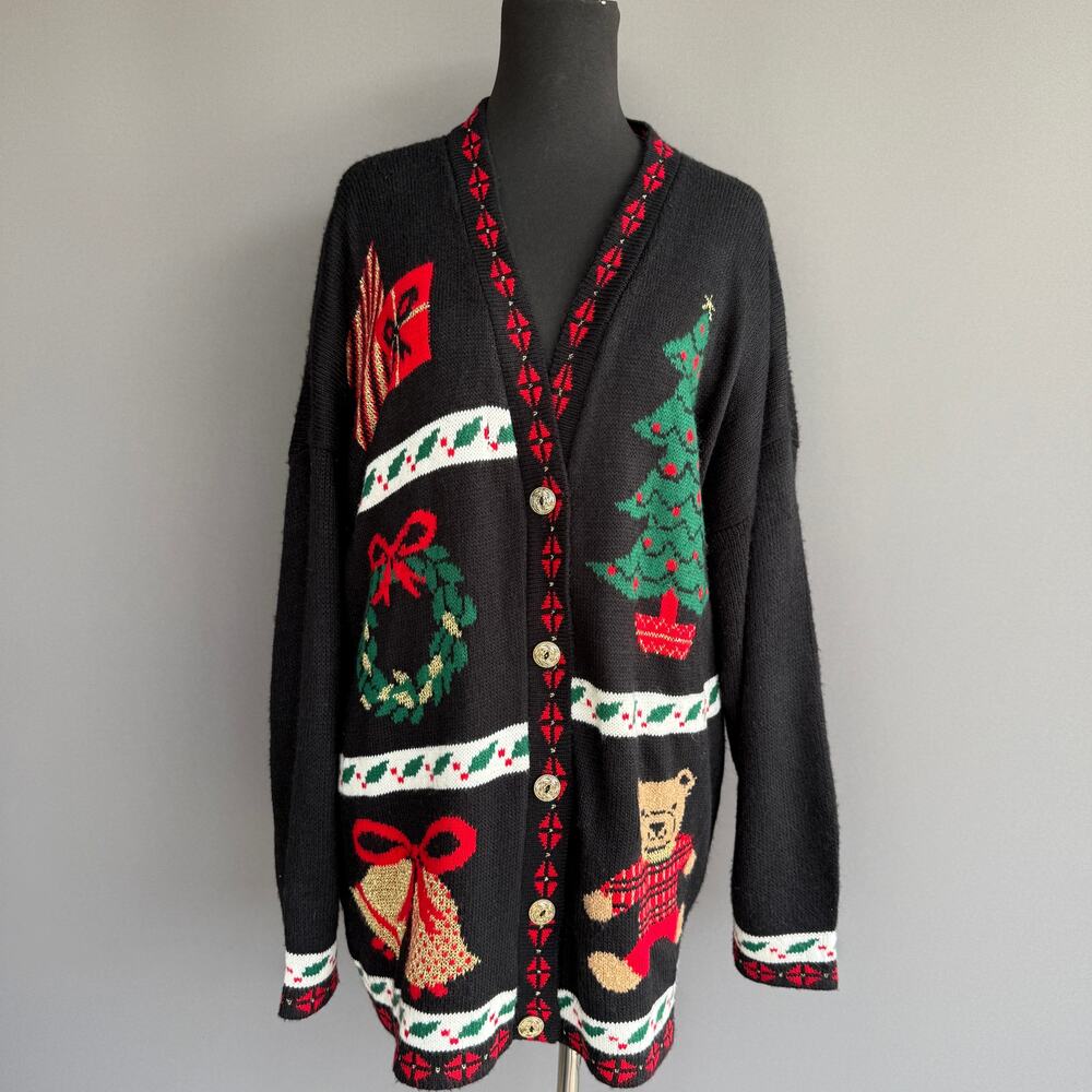 Vintage NutCracker Christmas cardigan sweater - Ugly Gaudy oversized black sz M